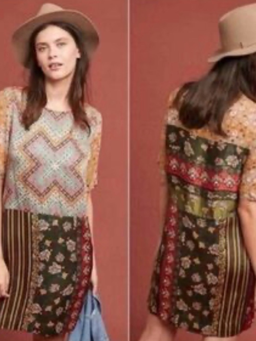 Boho Patchwork anthropologie Print Short Sleeve Tunic Dress - Med